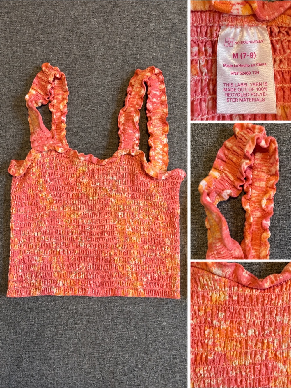 No Boundaries Pink-Orange Smocked Ruffle Crop Tank